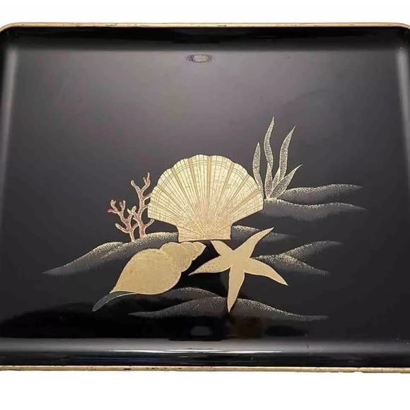 Decorative Seashell Serving Rectangular Tray Black Lacquer Otagiri Japan VNTG - Picture 2 of 5